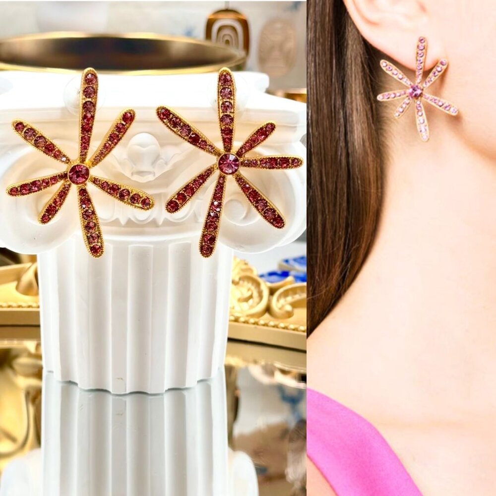 🆕 OSCAR DE LA RENTA 🧿 NWOT Daisy Pave Stud Earrings - Swarovski Crystal Pink